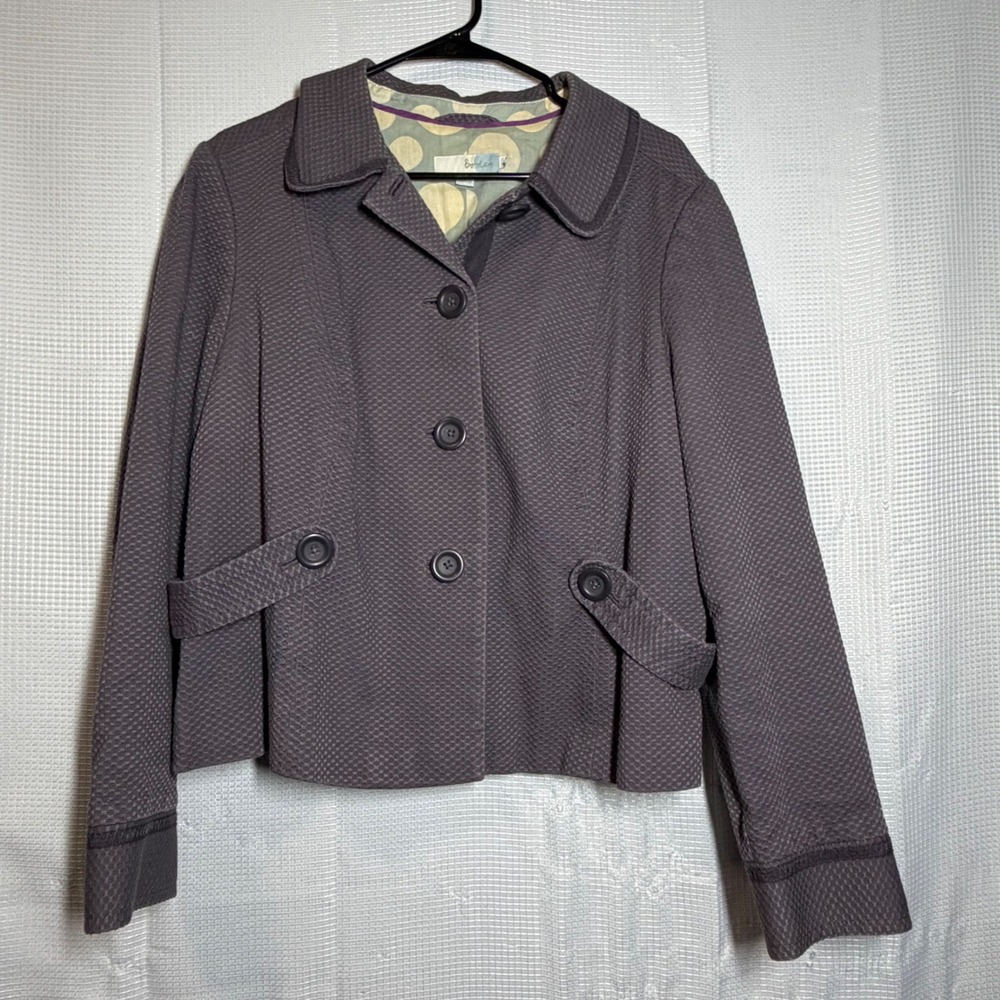 Boden Blazer Jacket Purple Cotton Textured Button Front Cropped Academic Size 16